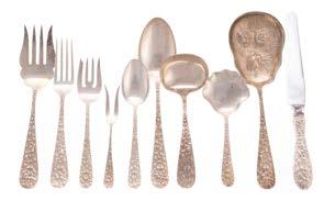 SILVER 436 Miscellaneous sterling & other flatware 14 pieces, notably Stieff Homewood salad serving fork, meat serving fork, and gravy ladle; and a Kirk Repousse pastry server; together with 2 silver