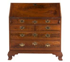 FURNITURE 1441 George III mahogany Pembroke table late 18th century; 21 in W top with two 10 in half-round drop leaves, two inlaid bowed drawers in 5 1/2 in apron, one with fitted compartments,
