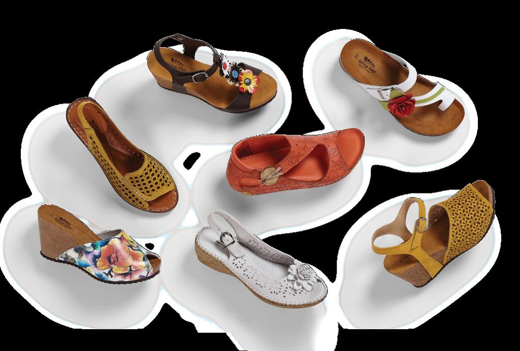 99.. Seksi multi-color printed leather peep-toe slide on a cork wedge; $99.99.. Belford white leather peep-toe slingback with a tonal leather flower on a mid-wedge; $99.