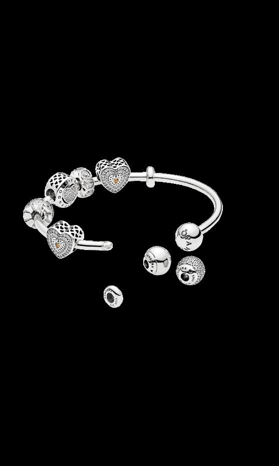 Each bangle can be filled entirely with charms; the exact number of charms depends on the size of the charm and the size of the chosen open bangle.