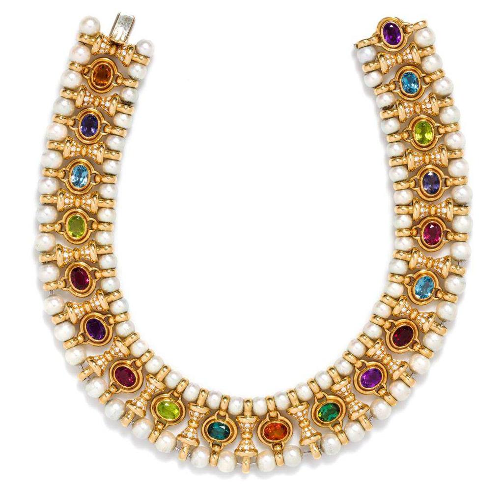 Bulgari Lot 250 An 18 Karat Yellow Gold, Cultured Pearl, Multi Gem and Diamond Collar Necklace, Bulgari, in an alternating pattern of spindle and oval bezel links within an outer double border