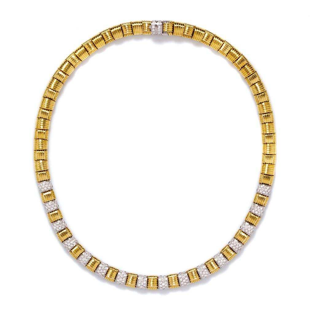 Lot 479 An 18 Karat Yellow Gold, Diamond and Ruby Appassionata Necklace, Roberto Coin, the front half consisting of alternating white gold pave set links containing 234 round brilliant cut