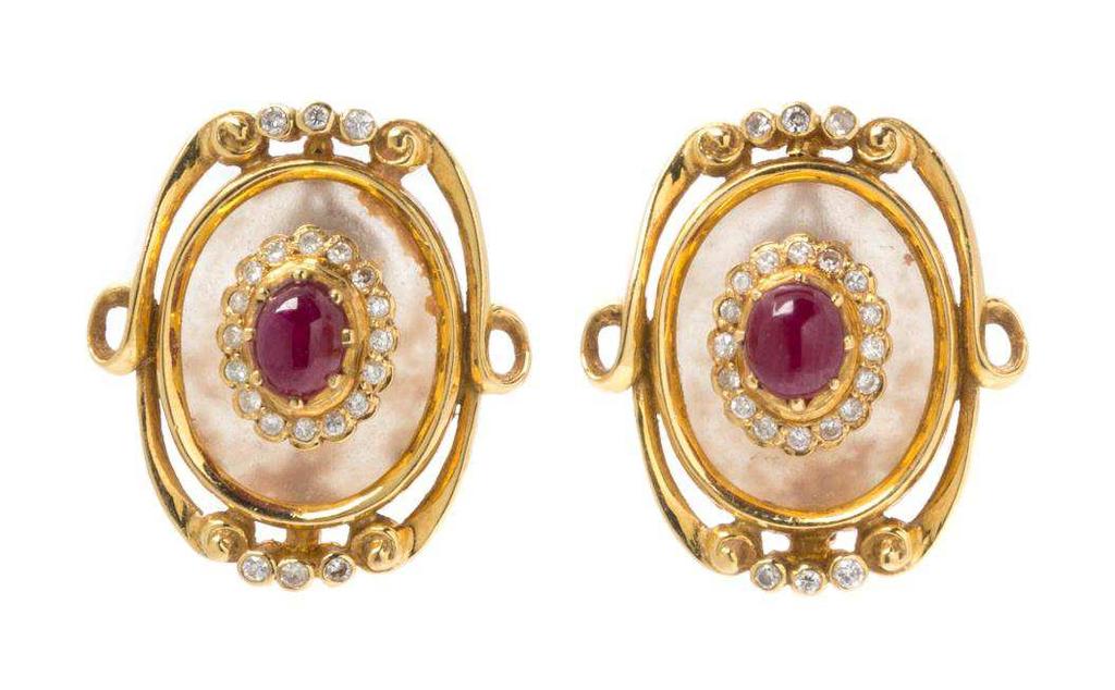 Lalaounis Lot 275 A Pair of 18 Karat Yellow Gold, Rock Crystal, Ruby and Diamond Earclips, Lalaounis, consisting of two oval frosted rock crystal plaques surmounted