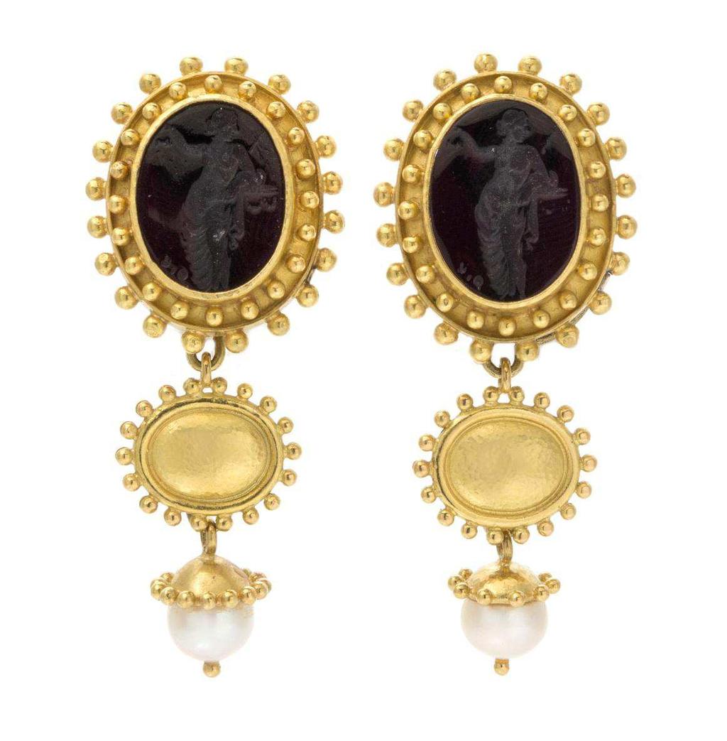Elizabeth Locke Lot 445 A Pair of 18 Karat Yellow Gold, Glass and Cultured Pearl Earclips, Elizabeth Locke, consisting of two oval bezel settings with beaded accents containing two purple glass