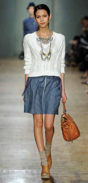 Look 14 WHITE LINEN COTTON CABLE VEE SWEATER WHITE LINEN SLUB JERSEY TEE INDIGO HERITAGE PULL-ON CHAMBRAY POCKET SKIRT SILVER MACAW