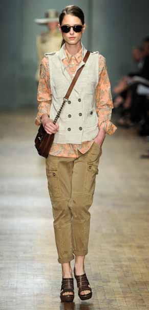 Look 27 NATURAL HERITAGE MILITARY VEST CORAL PAISLEY CAMP SHIRT FADED OLIVE CARGO LEGGING