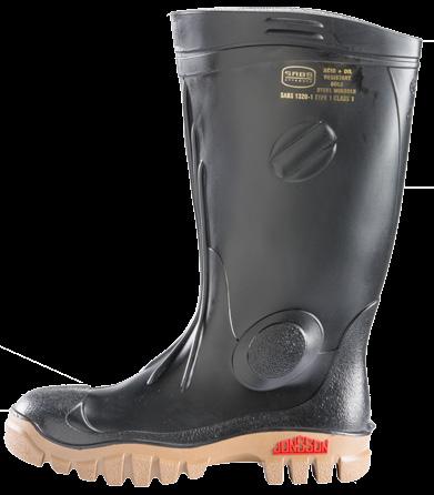 SABS APPROVED STEEL TOE CAP GUMBOOT SABS Approved Shin Reinforcement For Optimal Protection Superior 100% Polyester Sock Lining Ankle Recess For Comfort Reinforced Ankle Pad For Side Impact