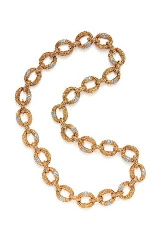 454 454 18kt Gold and Diamond Convertible Suite, Van Cleef & Arpels, France, the longchain of heavily textured links with platinum and pavéset diamond sections, converting into four bracelets, 172.