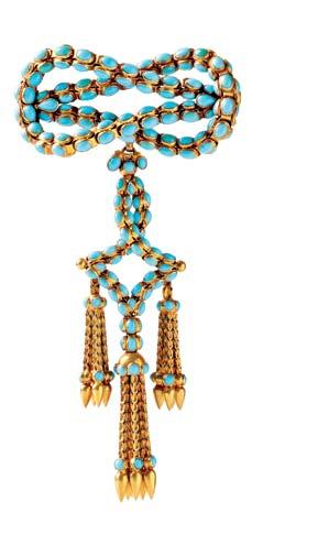 454A 454A Victorian Gold and Turquoise Lover s Knot Brooch, bezel-set throughout with turquoise cabochons, suspending a removable tripartite tassel, in a fitted Wartski box, lg. 4 in.
