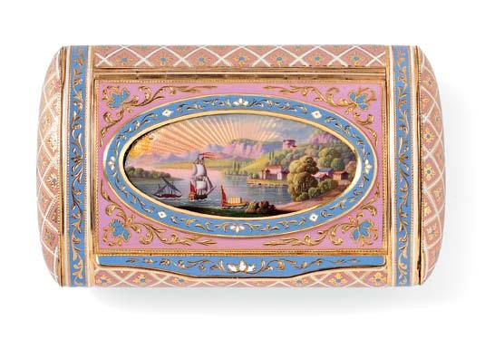 461A 461A Gold and Enamel Box, c. 1830s, basse-taille and champlevé enamel in white, pink, and blue, depicting a harbor scene, inscribed on lid Presented to Asa Fitch Jr by Mrs.