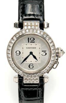 178 179 180 178 Lady s 18kt White Gold and Diamond Pasha Wristwatch, Cartier, the silver-tone dial with Arabic and baton numeral indicators, the bezel and lugs set with full-cut diamonds, quartz