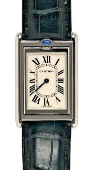 $2,500-3,500 179 Stainless Steel Tank Basculante Wristwatch, Cartier, the rectangular guilloche dial with Roman numeral indicators, manualwind movement, no. 2390, 34 mm, completed by a leather strap.