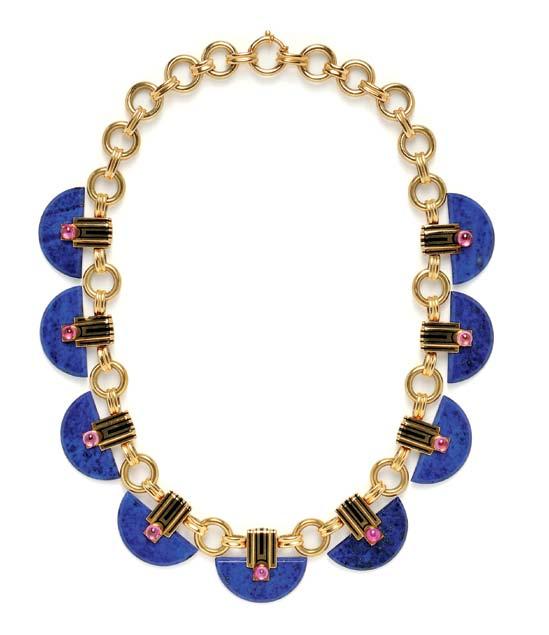 188 188 Art Deco 18kt Gold, Lapis, and Pink Sapphire Necklace, France, composed of beveled half disks of lapis surmounted by bezel-set pink sapphire cabochons, black enamel accents, guarantee stamp,