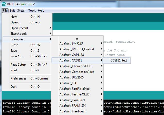 Download Adafruit CCS811 Library https://adafru.it/ycs Rename the uncompressed folder Adafruit_CCS811 and check that the Adafruit_CCS811 folder contains Adafruit_CCS811.cpp and Adafruit_CCS811.