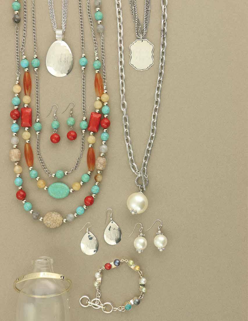 34 F. A. B. E. G. D. C. a. JS0155 $32 Anything Goes Necklace and Earring Set. Earthy tones of turquoise, red, grey, and beige on three strands of silver chain create a look that goes with anything!