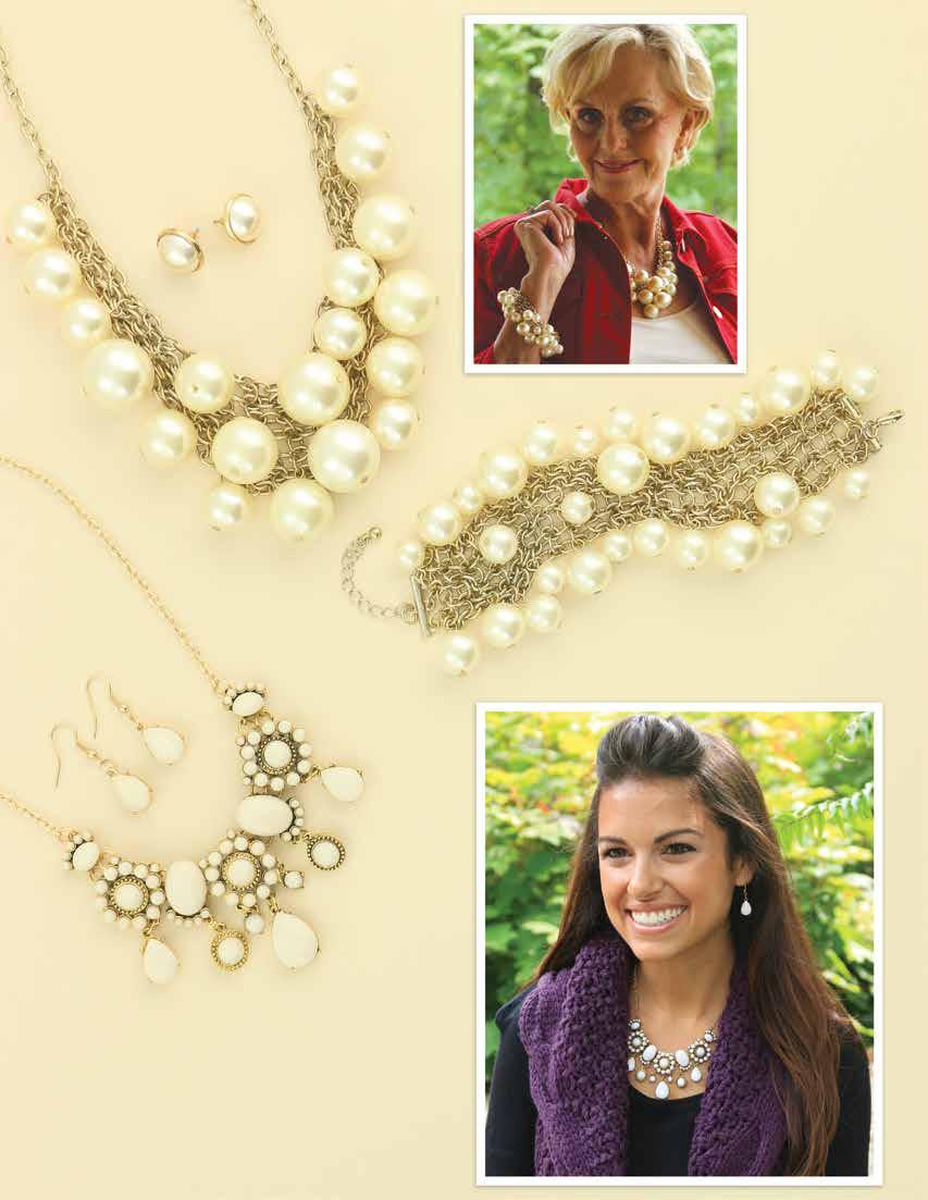 JS0125 $59 Classic oversized crème pearl cluster necklace and earrings set. Necklace measures 17 ½ with 3 extender. JB0677 $35 Classic oversized crème pearl cluster bracelet.
