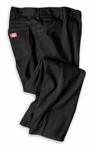 74328, 74331 83 STONE WASH (74328 ONLY) 26 INDIgO (74331 ONLY) 4894 Dickies Jeans Regular fit in black denim for a professional look Durable 100% pre-washed cotton Sizes: 30-34 in 1" increments;