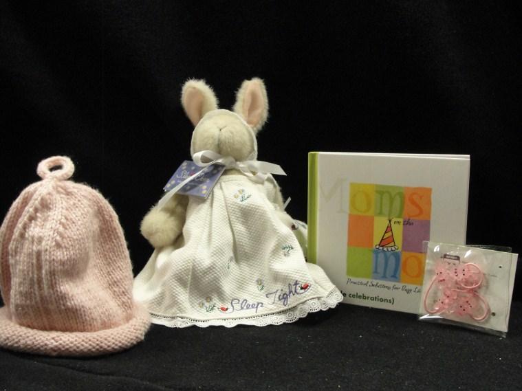 bunny, book for Mom, and pink bunny hair ties,