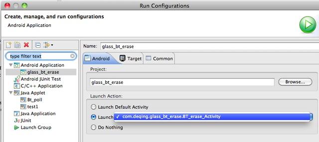 " error in eclipse, you can: Go to Run > Run Configurations. Then, under Launch Action, change it from Launch Default Activity to Launch; and select the activity listed in the dropdown.