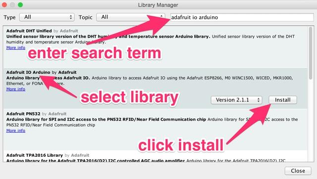 Enter Adafruit MQTT into the search box, and click Install on the Adafruit MQTT library