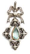 facet-cut aquamarine, numerous rose-cut diamonds and presumably natural pearls, mounted in gold and silver. Presumably Russia. C. 1900.