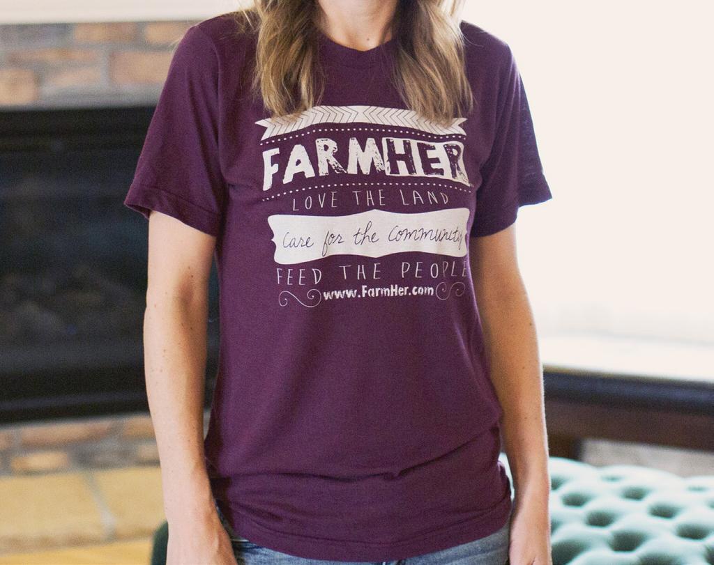 28R FarmHer Love the Land Non-Fitted T-Shirt Imprint reads: FarmHer, Love the Land, Care for the Community,