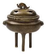 542 544 543 542 A Small Bronze Censer the lattened globular body surmounted by an everted banded rim, with two upright handles, raised on three feet, bearing an impressed single character xuan to the