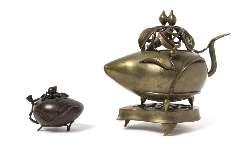 544 A Bronze Tripod Censer of squat rounded form, raising to a waisted neck surmounted by a domed lid with a chameleon-form inial, two mythical beastform handles to the body, raised on three
