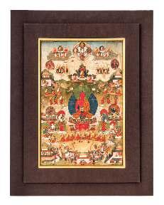 624 623 619 618 617 A Large Thangka the central deity depicted seated in dhyanasana on a double lotus plinth surrounded by various other deities and lamas.