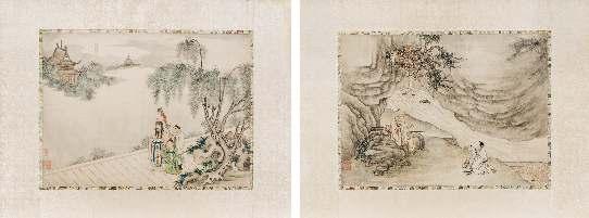 694 694 Two Ink and Color Paintings on Silk 19TH CENTURY one painted to show an oicial with two attendants in a riverscape scene, the other depicting an elderly and a young scholar