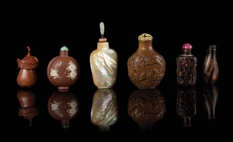 730 Twelve Cloisonné Enamel and Metal Snuf Bottles comprising seven examples of hardstone inset silver, four examples of cloisonné enamel, and one example of enamel in the form of a scholar.
