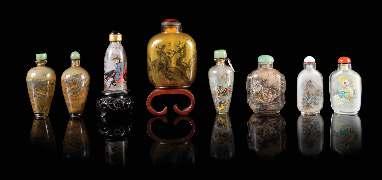 Property of a Private Midwest Collector $1,500-2,500 761 Eight Inside Painted Glass Snuf Bottles 19TH-20TH CENTURY comprising four of lattened rectangular form, three of baluster form, and one of