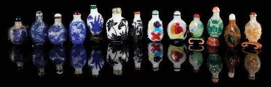 766 766 Thirteen Peking Glass Snuf Bottles 19TH-20TH CENTURY comprising ive blue overlay glass examples, two black overlay white glass examples, three multi-color overlay white glass examples, two