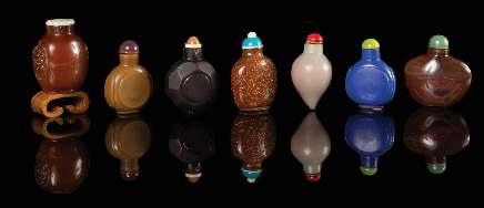 Property of a Private Midwest Collector $1,500-2,500 767 Seven Glass Snuf Bottles 19TH-20TH CENTURY comprising three examples of lask-form, two of lattened ovoid form, one of baluster form, and one