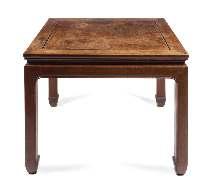 Height 14 1/2 x width 41 3/4 x depth 17 inches. $300-500 771 772 A Hardwood Kang Table the square top raised on a recessed waist above square sectioned legs, ending in scrolled feet.