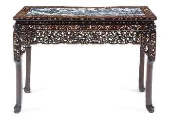 Roth, Aspen, Colorado 774 A Large Carved Hardwood Altar Table the large rectangular top with two protruding terminals, raised on horizontal aprons carved with chilongs extending to the spandrels,