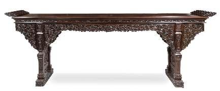 Greiner Trust, Rockford, Illinois $2,000-4,000 778 A Hardwood Altar Table the rectangular top with two curved terminals, above two drawers and reticulated aprons, supported on four square sectioned