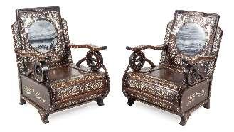 Greiner Trust, Rockford, Illinois 783 A Pair of Chinese Export Mother-of-Pearl Inlaid Hongmu Chairs each having a curved head crest decorated with foliate scrolls, above a central circular marble