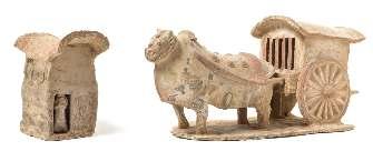 Greiner Trust, Rockford, Illinois $800-1,200 45* A Painted Pottery Model of an Ox Cart LIKELY NORTHERN QI DYNASTY the animal igure depicted standing wearing harness followed by a rectangular form