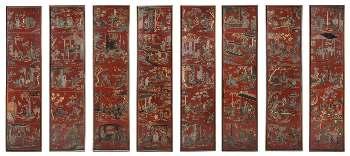 $300-500 801 A Five-Fold Carved Wood Screen 19TH CENTURY two panels carved with gilt highlighted decoration showing immortals in terraced gardens, three panels painted with equestrian igures.