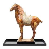 65* A Straw Glazed Pottery Figure of a Horse TANG DYNASTY the animal depicted standing with its head slightly tilted, its mane combed to the side, carrying an unglazed saddle. Height 21 1/4 inches.
