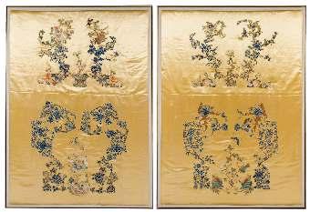 Stuart, Scottsdale, Arizona $1,000-2,000 424 A Rare Set of Six Chinese Imperial Yellow Embroidered Silk Panels 19TH CENTURY comprising three pairs of graduated size, each worked to show loral sprays,