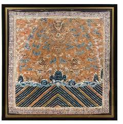 $800-1,200 425 A Southeast Asian Embroidered Silk Dragon Panel worked with gilt wrapped threads against a red ground. 19 5/8 x 19 5/8 inches.