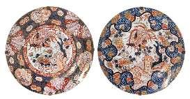 448 A Large Pair of Imari Porcelain Chargers with bird and loral decoration. Diameter 25 1/2 inches.