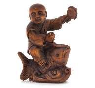 Height 3 inches. $300-500 465 A Carved Wood Netsuke SIGNED MASAKAZU, 19TH CENTURY depicting a monkey, a dog, a rabbit and a mouse on a bamboo shaft. Length 2 inches.