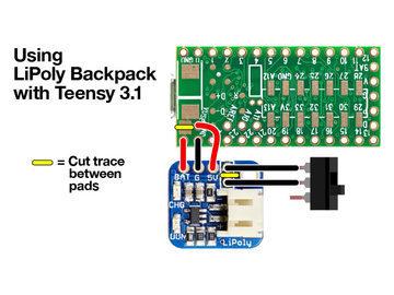the Teensy s VUSB pin, and between the switch pads on the LiPoly Backpack (marked on back).