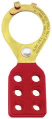 Six-hole locking bodies coated with red vinyl plastic. Holes will accept up to 5/16" (8 mm) diameter shackles. Cat. No. Closed Hasp I.D. Weight (lbs.) 45200 1" (25 mm).200 45201 1-1/2" (38 mm).