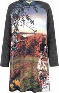 INTO T HE WOODS A/W COLLECTION 2016 STYLE: YADT05 110 $ 43 89 USD DESCRIPTION: Owl placement print tunic dress COLOURS: Multi SLEEVE: Long sleeved LENGTH: 84cm FIT: Loose FABRIC DESCRIPTION: