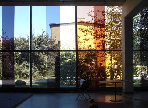 By applying to all the windows and skylights of the venue, the Göteborgs Konsthall, the type of corrective filters normally used for cinema, she created a suite of subtly altered natural light