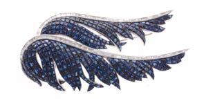JEWELRY 66 71 74 A Custom Made Sapphire & Diamond Winged Brooch 18K white gold winged brooch featuring well matched natural calibre cut sapphires invisible set into the wings with very fine straight